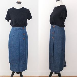 Vintage 1980s Dark Blue Denim Asymmetrical Long Midi Skirt with Button Accents